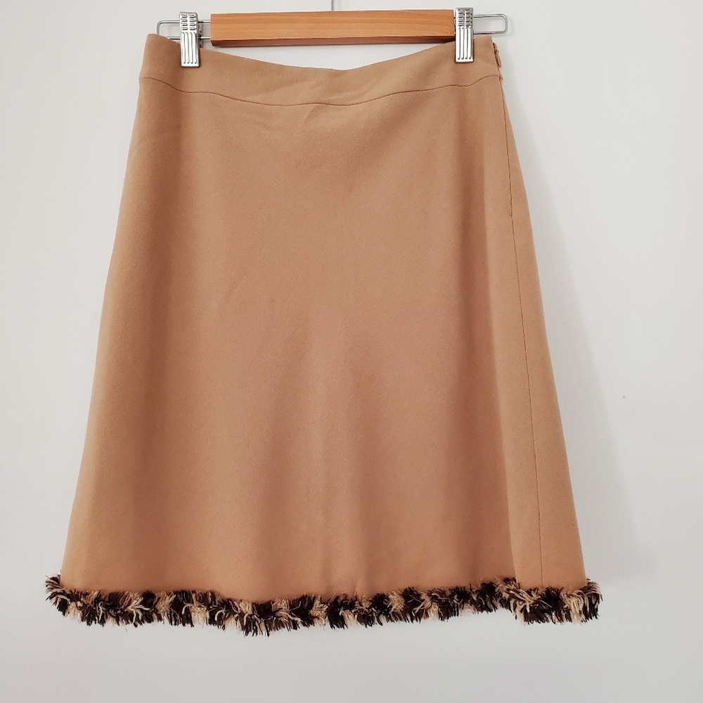 SIGNATURE LARRY LEVINE 4P Tan Side Zip Skirt Tweed Fringe Hem Stretch Retro